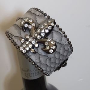 Genuine leather fleur-de-lis bling bracelet